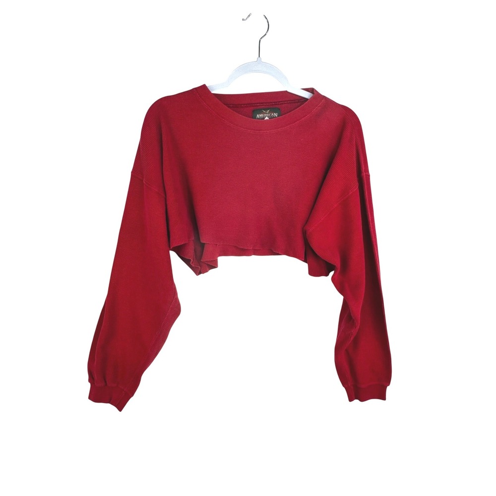 American Outpost Red Waffle Knit Ultra Crop Thermal Top Raw Hem Large L